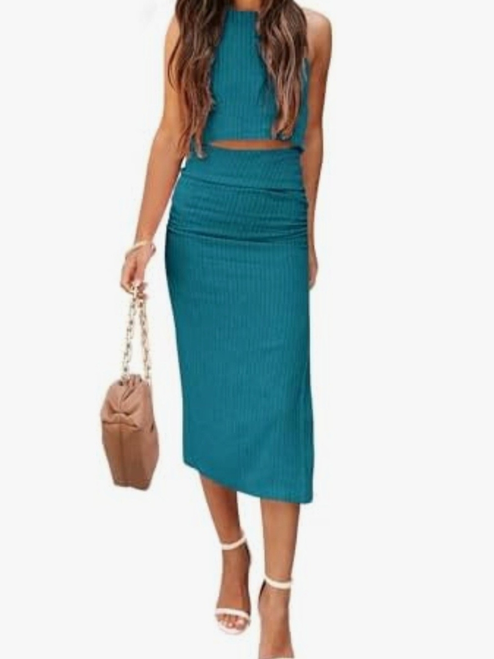Teal Ribbed Midi Skirt Set - Women's Pencil Skirt